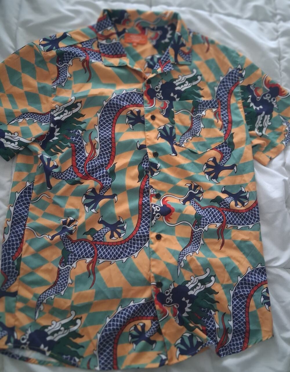 Negative Space Men's Dragon Harajuku Graphic Button Up Shirt Checkered Size M